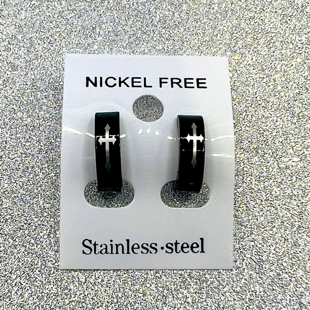 NWT Black Huggie Small Hoop Earrings w/ Silver Cross Emblem On Front of Hoop